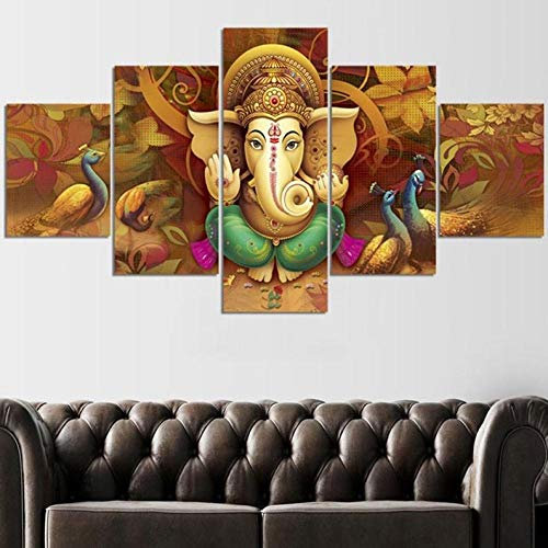 Yywife Bilder XXL 5 Teile wandbild leinwandbilder Kunstdrucke Ganesha Hindu XXL 5 Teiliges Wandbild Mit Rahmen Größe 150x80CM Leinwandbild Wandbilder Feiertagsgeschenk