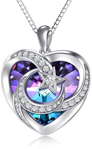 TOUPOP 925 Sterlingsilber Monde Kette Für Damen Herzs Halbmond Kette Schmuck Geburtstagsgeschenke für Frauen Mond Stern Anhänger Halskette Blau Kristallkette Mutter Ehefrau Mädchen