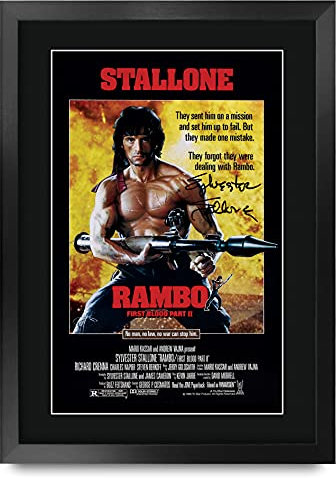 HWC Trading FR A3 Rambo First Blood Part 2 Sylvester Stallone Gifts gedrucktes Poster, signiertes Autogramm, Bild für Film-Fans, A3, gerahmt