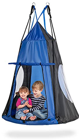 GIANTEX Nestschaukel Outdoor mit Zelt, Kinderschaukel bis 150 kg belastbar, Gartenschaukel Ø 100 cm für Kinder & Erwachsene, Hängeschaukel höhenverstellbar, Tellerschaukel mit Tür & Fenster (Blau)