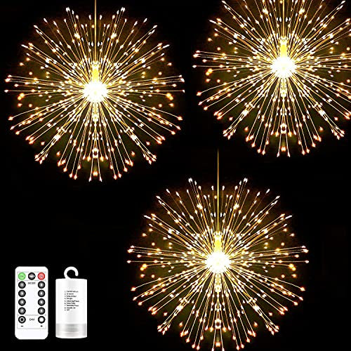 Riaxuebiy 3 Set Weihnachten Feuerwerk Lichter 200 LED Hängende Lichterketten Starburst Lights Wasserdicht 8 Modi Dimmbare Twinkle Lichterkette mit Fernbedienung (Warmweiß)