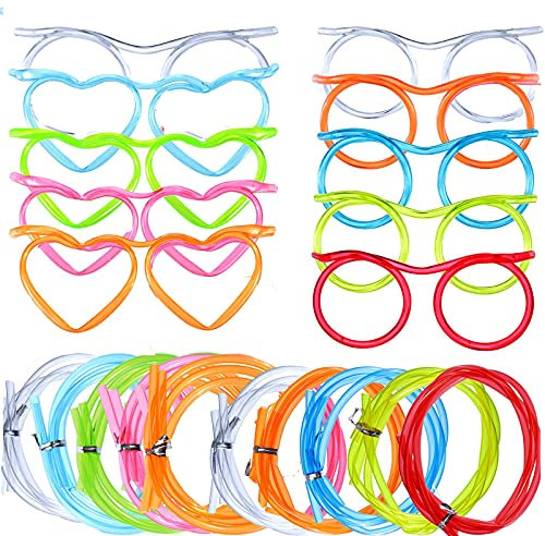 Silly Fun Straws Glasses Straws 10 Kits, Crazy Novelty Straw Drinking Straws for Kids, Curly Round Heart Colorful Straws for Children Party Game Straw for Party BBQ