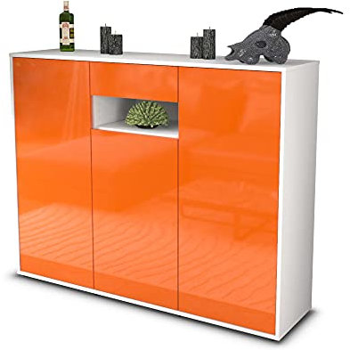 Stil.Zeit Highboard Kommode Madalena, Korpus Weiss matt, Front Hochglanz-Design Mandarine (136x108x35cm), Push-to-Open Technik & Leichtlaufschienen