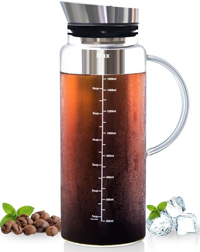 Aquach Cold Brew Kaffeebereiter, Borosilikatglas-Krug für Eistee, 1,5 l | Spülmaschinenfest, Familiengröße, bis zu 2 Wochen frisches Aroma, Kühlschrank-Passform, 304 Edelstahl-Filter