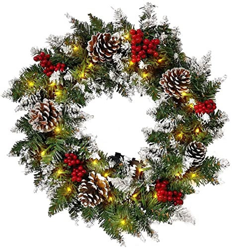Christmas Wreath, Door Wreaths Outdoor Christmas, 45cm/18in Christmas Wreath with Lights Battery Operated, Artificial Garlands with Pine Cones, Snowflakes, Berries for Front Door Holiday Home Decor