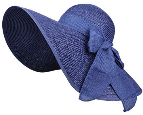 Chapeau de Paille d'Été à Large Bord pour Femme - Protection Solaire UPF 50+ - Pliable et Souple - Idéal pour la Plage (Bleu)