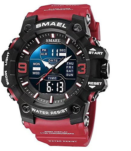 SMAEL Herren Militäruhren Outdoor Sport Uhr Wasserdicht LED Datum Alarm Digital Analog Armbanduhr für Männer, Rot/Ausflug, einfarbig (Getaway Solids), Large Face, Digital