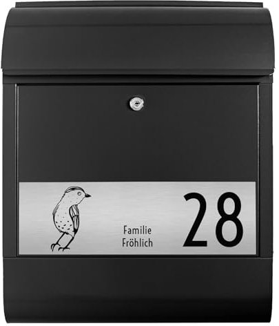 banjado® Briefkasten personalisiert mit graviertem Namensschild in Silber/Briefkasten schwarz 39x47x14cm / Briefkasten mit Hausnummer, Namen & Motiv Vögelchen/Briefkasten mit Zeitungsfach