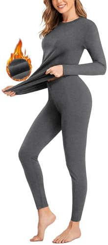 SIMIYA Damen Thermounterwäsche Set, Thermounterwäsche Damen Winter, Ultraleicht Unterteil und Oberteil lang Funktionsunterwäsche U Ausschnitt Skiunterwäsche für Winter, Grau, XL