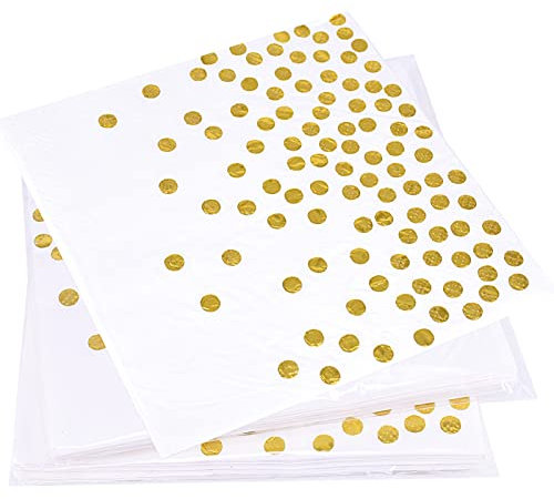 40PCS Disposable 6.4X6.4 Inch White and Gold Party Napkins - Cocktail Serviettes for Birthday, Golden Wedding Anniversary, Baby Shower, Bridal Shower