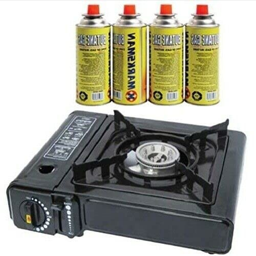 Portable Camping Gas Stove Cooker + 4 Butane Gas Bottles For Outdoor Use | Suitable for Fishing Picnic BBQ |