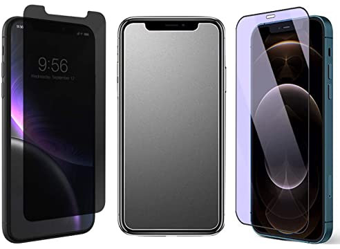 JELLYEA 3 Pack, 1 Pack Matte Tempered Glass for iPhone 12 with 1 Pack Privacy and Anti-Light Blue Anti-Glare Anti-Fingerprint 9H Matte Screen Protector for iPhone 12,6.1”