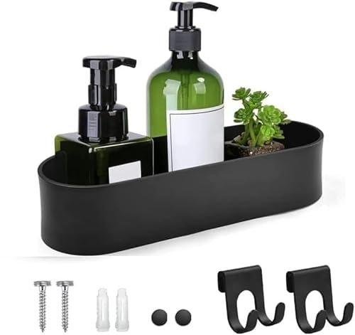 QINERSAW Duschkorb ohne Bohren Duschkorb Organizer Badezimmer Selbstklebend Duschregal Kein Bohren Duschablage ohne Bohren Badregal Badezimmer Regal Bad Organizer Duschorganizer mit 2 Haken Schwarz
