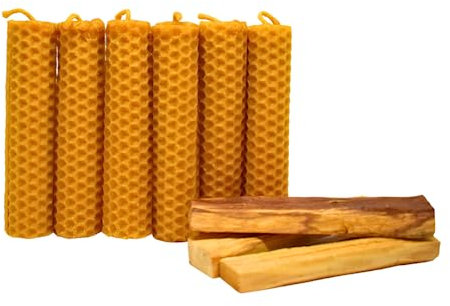 Velas de Miel de Abeja para Rituales 100% Natural Española Cera Pura - Hechas a Mano - Origen España - SIN PARAFINA (6 Velas de Miel y 3 Palo Santo, 10 cm x 2,2 cm)