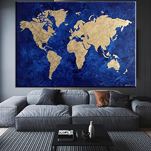 RVCKVS Abstrakt Blau Gold Weltkarte Malerei Leinwanddruck Weltkarte Poster Wandkunst Bild Klassenzimmer Kinder Schule Büro Dekor 30x50cm Rahmenlos