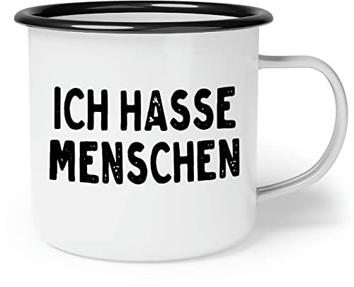 OM3® Lustige Emaille-Tasse mit Spruch - Ich hasse Menschen | Emailletasse Emaille Becher | 12oz 300ml | Beidseitig Bedruckt | Weiß-Schwarz