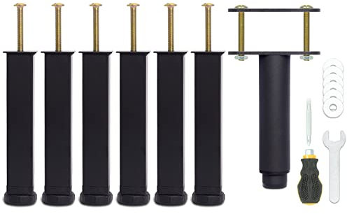 Pied de Lit 18 cm à Visser, Pied Sommier à Lattes Universel, Reglable en Hauteur, Metal, Carré + Rond, Boulons M8, pour le Cadre Métallique d’un Sommier Adulte, Noir, Lot de 7 (6 Latéraux + 1 Central)