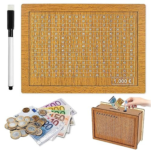 FMKLDENA Spardose aus Holz, Retro Sparbüchse Aufbewahrungsbox,Wiederverwendbare Spardose mit Sparziel und Zahlen zum ankreuzen, Sparschwein mit Marker, für Hilft Kindern Die Gewohnheit Zum Sparen