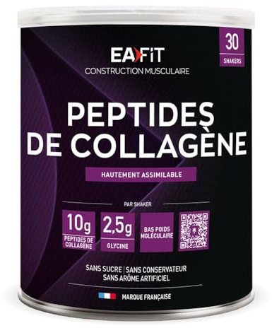 Peptide De Collagene - EAFIT - Collagene Bovin Glycine - Sans Sucre - 300 g | Peptides De Collagene Bovin Et Glycine En Poudre, Bien-Etre Musculaire Et Articulaire, Sans Sucre - 300g, Marque Francaise