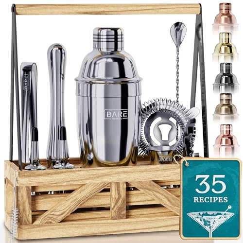BARE BARREL® Martini Cocktail-Set, Barkeeper-Set, Cocktail-Shaker-Set, rustikaler tragbarer Behälter und 35 Rezeptkarten, Mixology Cocktail-Geschenk-Set (poliertes Silber)
