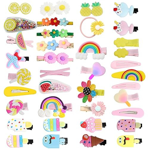 38Pièces Barrettes à Cheveux pour Filles, BetterJonny Pince Cheveux Fille Pinces à Cheveux de Bébé Couleur Barrette Cheveux en Métal Fruits Bonbons Crème Glace Fleurs Motif Mignon Épingles à Cheveux