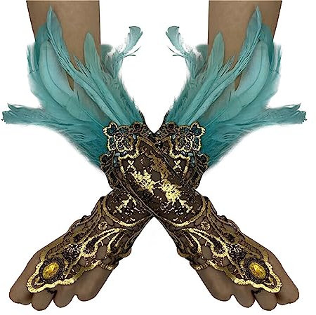 MoreChioce 1 Paar Vintage Federhandschuhe, Damen Feder Spitze Fingerlose Lange Handschuhe Federarmhandschuhe Armkette für Hochzeit Party Halloween,Blau