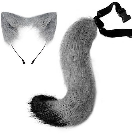 Halloween Kostüme Plüsch Katzenohren katzenschwanz Cosplay Set Katzenohren und Schwanz Set aus Kunstfell Fuchsohren Haarreif mit Ohren und Schwanz Halloween Fasching Karneval Masquerade Cosplay,grau