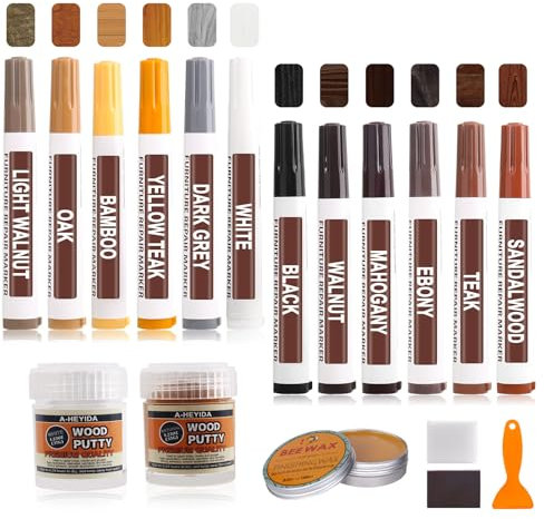 Juego de reparación de muebles laminado, 12 colores marcadores de madera y masilla de madera, juego de reparación de muebles de madera, reparación de arañazos, fácil restauración de tu mesa de madera