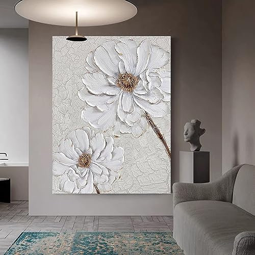 Extra Großes Ölgemälde Mit Weißen Blumen Auf Leinwand, Original Rahmenlos, Handgemalt, Großes Abstraktes Kunst-Wanddekor, Modernes Strukturiertes Kunstwerk, Wandgemälde Für Wohnzimmer, Schlaf