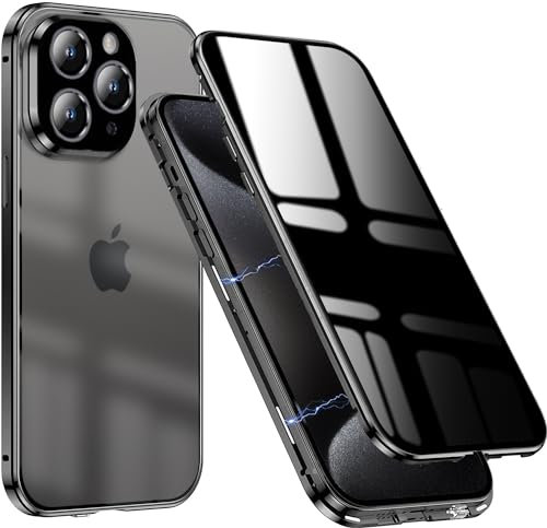 QiiStar Privacy Case for iPhone 15 Pro Max,Anti-Peeping Screen Transparent Back Cover Double Sided Tempered Glass 360 Full Body Phone Case Magnetic Bumper with Camera Lens Protector,Clear Black