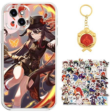 Staremeplz Genshin Impact Hülle für iPhone 15 Pro Anime Spiel Hu tao Handyhülle [Mit Schlüsselbund und 50pcs Aufkleber] Cartoons Transparent Silikon Case Hülle für iPhone 15 Pro