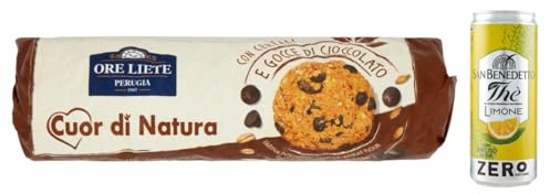 12er-Pack Ore Liete Cuor di Natura Biscotti,Kekse mit Getreide und Schokoladentropfen,mit Vollkornmehl und ohne Zuckerzusatz,250g + 1er-Pack San Benedetto Eistee mit Zitrone Ohne Zucker 330ml Dose