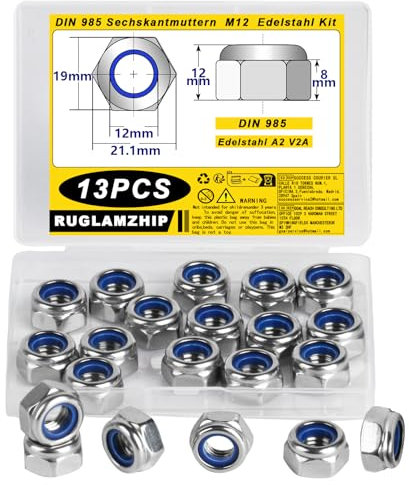 13 Pezzi Dadi M12, Dadi di Bloccaggio M12, Dadi di Autobloccanti Sicurezza, Dadi Esagonali in Acciaio Inox, Dado DIN 985 Dadi di Arresto per Viti Bulloni Filettati Inserti Filettati