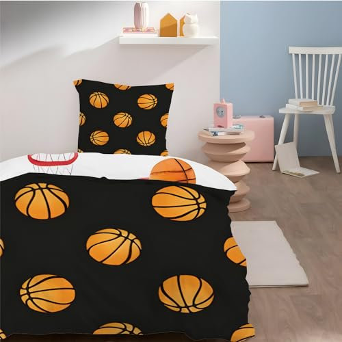 Bettwäsche 140x200 cm Sportlich Modern - Superweiches Bettwäsche-Sets Basketball für Einzelbett - Bügelfrei Microfaser Bettbezug mit Kissenbezug 80x80cm - Orange Schwarz