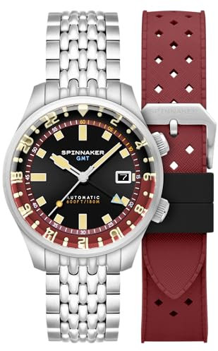 Spinnaker Herren 42 mm Bradner GMT Automatikuhr mit massivem Edelstahlarmband SP-5121, Dunkles Rot, Bradner GMT Automatic