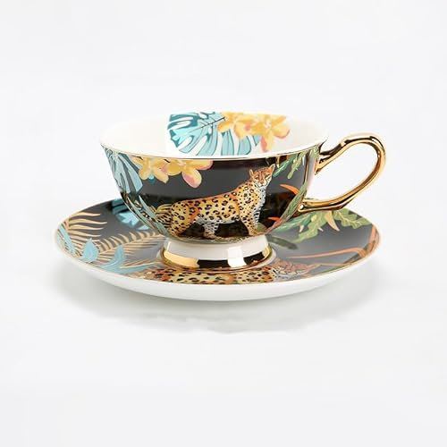 DECRZPB Set di tazze e piattini da caffè e tè in ceramica con leopardi animali set di tazze da caffè e piattini in ceramica piatto per tazza da latte e succo regali di compleanno per ufficio e casa