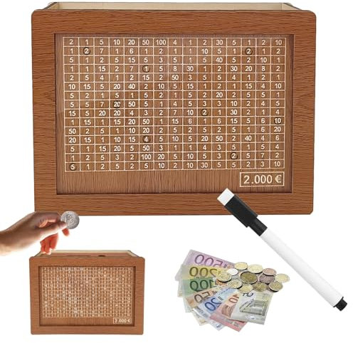 JWDMHSJ Spardose aus Holz, spardose mit zähler, sparbox mit Zahlen ankreuzen, sparschwein aus Holz mit zähler, Wiederverwendbare Spardose, für Erwachsene und Kinder mit Sparziel (2000€)
