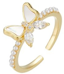 IMINI Zarter Schmetterlings Ring für Damen 14 Karat Vergoldet Zirkonia Perlen Statement Ring Offener Finger Ring Verlobungs Ring Verstellbare Eheringe