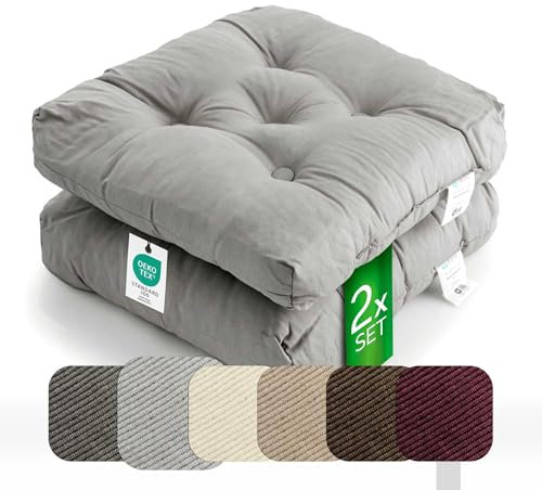 etérea Sitzkissen 42x42 cm 2er Set - Grau 8 cm hoch - Bodenkissen für Indoor, Outdoor, Küche, Garten, Auflage - Heidi Stuhlauflage - 2 Stück Stuhlkissen 40x40 cm Grau