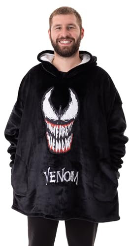 Marvel Venom Herren tragbarer Decken-Hoodie | Fleece-Kapuzenpullover für Erwachsene in Schwarz mit Venom-Charakter | Sherpa-gefütterte Loungewear mit Taschen | Offizielles Comics Superhelden-Film