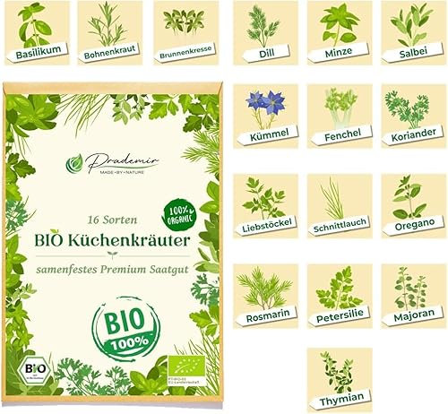 Set di semi di erbe biologiche: 16 varietà di erbe da giardino e da cucina semi-solidali Set di semi di erbe biologiche