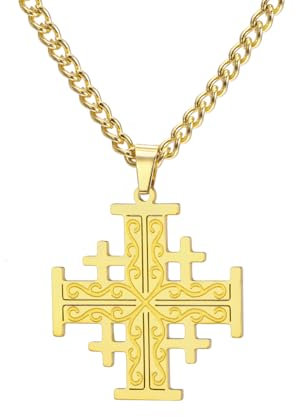 EUEAVAN Jerusalem Kreuzritter Kreuz Halskette Kreuzritter Templer Kreuz Anhänger Medaillon Scheibe Griechisch Religiöser Schmuck Gebet Statement Taufe Geschenk Frauen Männer (3 mm Kette gold)