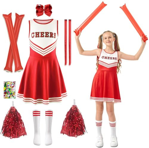 Cheerleader Kostüm Kinder, Cheerleadering Outfit Mädchen, Cheer Uniform Outfit Kleid, Schulkind Cheer Kostüm Outfit mit Pompons, Kopfschmuck, Socken Karneval Dress Up Fasching Party Kostüm(Rot, 140)