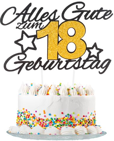 Yiran Gold Schwarz 18th Geburtstag Tortendeko, Alles Gute Zum Geburtstag Torte 18 Jahre,Happy 18th Birthday Kuchen Topper Geburstagstorte fur Jungen Mädchen Deko Glitzer Schwarz Gold