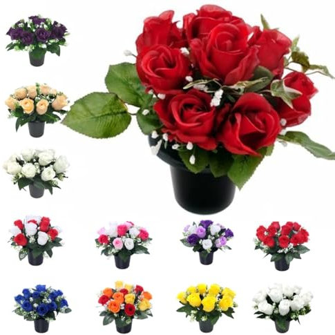 Rose Artificial Flowers in Grave Flower Pots – UV Resistant, Realistic, Long-Lasting Design for Cemetery Decorations, Grave Displays, Home & Garden Memorial Arrangements (9 Red Roses)