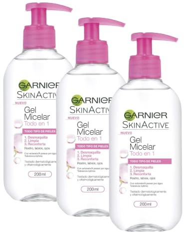 GARNIER Skin Active - Gel Micelar Desmaquillante para Pieles Normales, Todo en Uno, 200 ml (Paquete de 3)