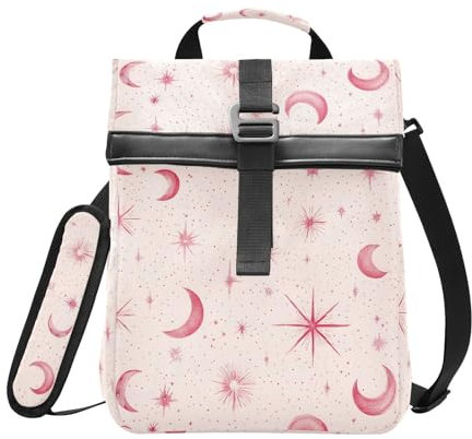 Lonchera aislada con tapa enrollable para mujeres y hombres, lonchera plegable con diseño de estrella y luna rosa, reutilizable, con correa para el hombro