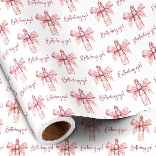 RUSPEPA Geburtstags-Geschenkpapierrolle für Mädchen und Frauen, Mini-Rolle, rosa Lippenstift und Schleife mit „Birthday Girl“-Schriftzug, Geschenkpapier für Teenager, Freunde, Töchter, 43,2 cm x 5 m