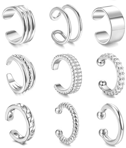 9 Stück Ear Cuff Set Damen, Ohrklemme Silber, Nicht Durchstochen Ear Cuff, für Mehrere Piercings, Einfach zu Tragen und Kombinierbar, Geeignet für Alltag Minimalistisches Design