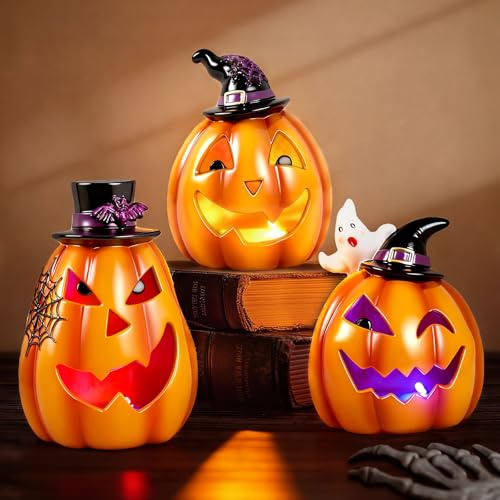 SKOOLOVE Halloween Kürbis Dekoration mit Lichtern, 3 Stück Kunstharz-Kürbislaternen für Die Tischdekoration, Halloween Innendekoration